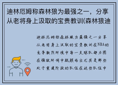 迪林厄姆称森林狼为最强之一，分享从老将身上汲取的宝贵教训(森林狼迪奥普)